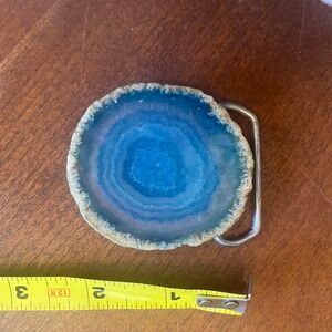 Vintage Blue Agate Geode Slice Belt Buckle Natural Stone Silver Tone Round 2.75"